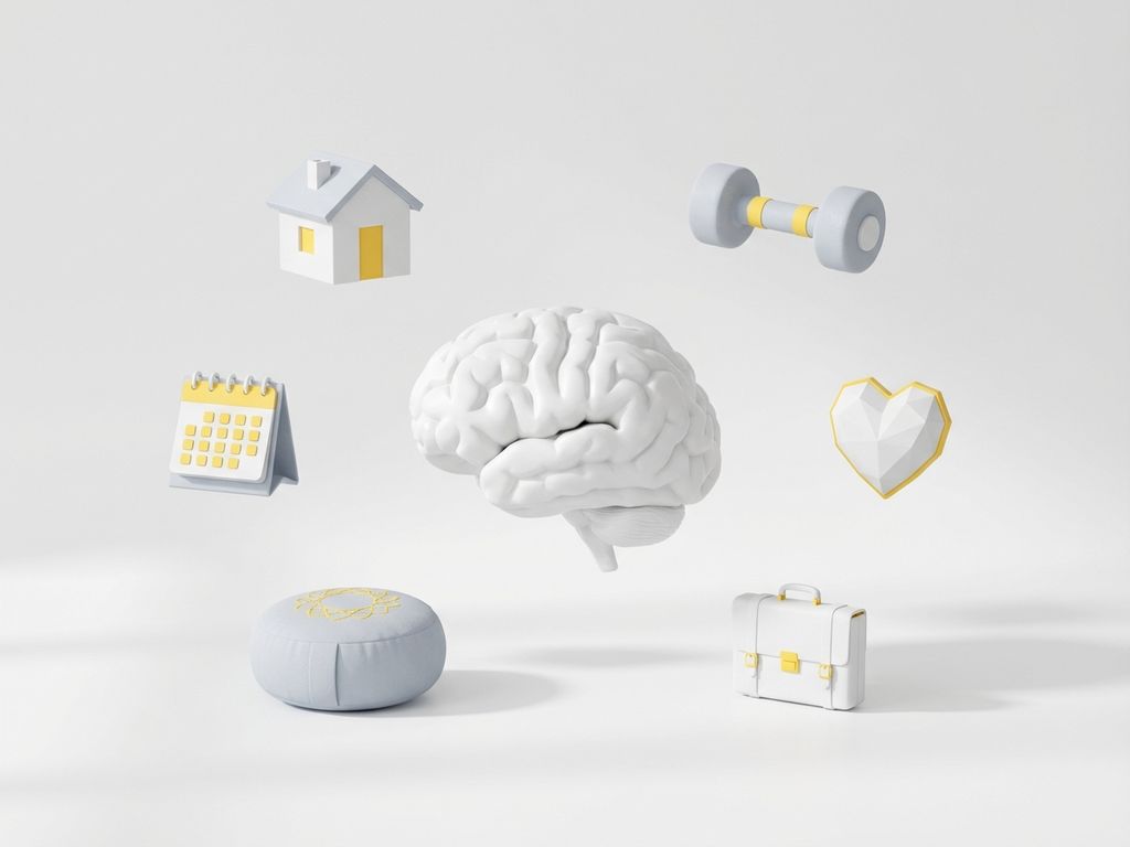 brain-health-wellness-lifestyle-balance-3d-model.jpg White brain model surrounded by six wellness objects including house, dumbbell, heart, briefcase, meditation cushion, and calendar in minimal studio setting.