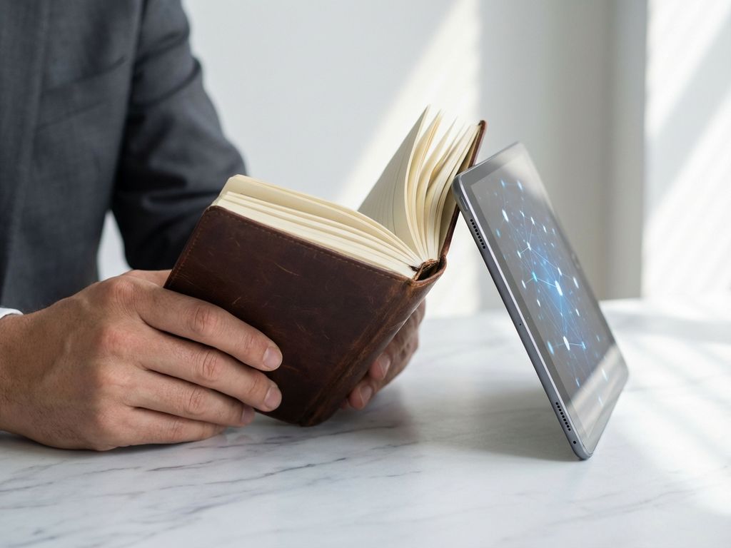 Businessman's hand holding open leather book with tablet displaying network connections on white marble desk