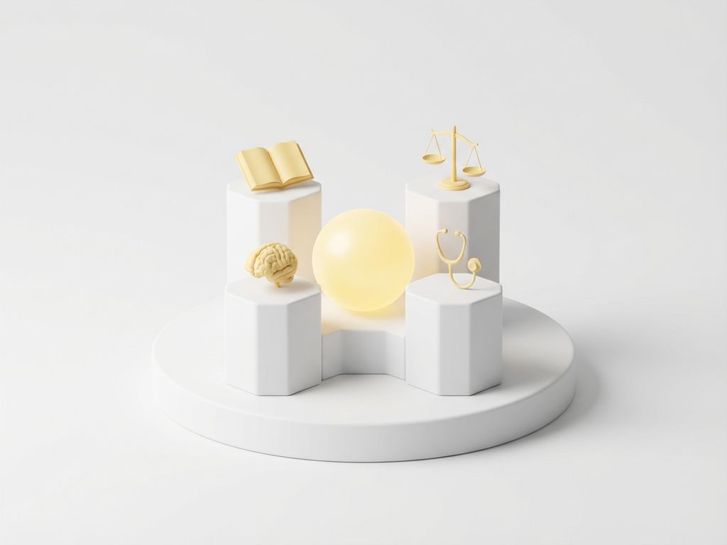 healthcare-education-pillars-geometric-display.jpg Four white geometric pillars on pedestal with yellow brain, stethoscope, book, and balance scale symbols around central glowing orb