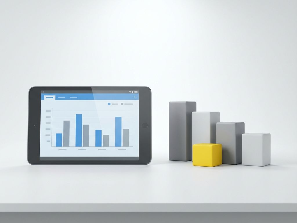 tablet-bar-chart-data-visualization-blocks.jpg Modern tablet with bar chart on white desk beside geometric blocks including yellow accent cube in descending height order