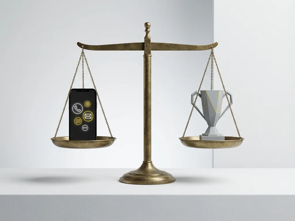 balance-scale-smartphone-trophy-comparison.jpg Vintage brass balance scale with black smartphone on one side and geometric trophy on other, perfectly balanced on white surface