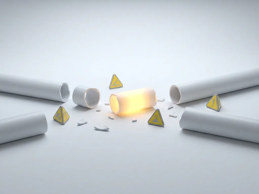 Broken white pipeline segments scattered on white surface with glowing yellow piece and triangular warning symbols