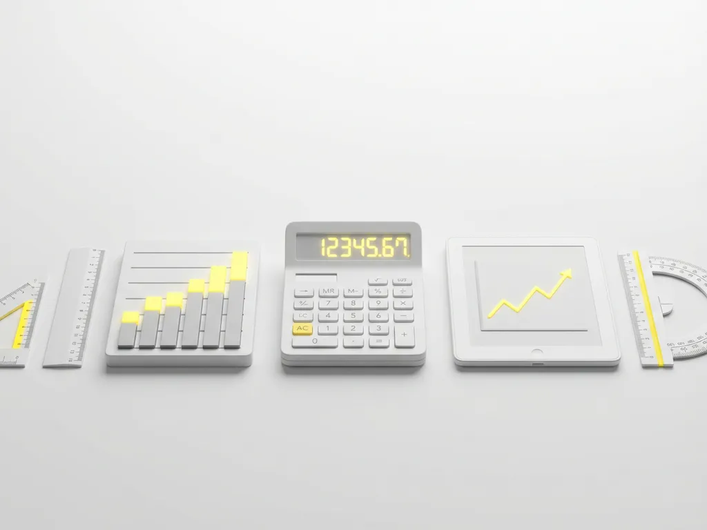 Calculator with glowing yellow display surrounded by white bar chart blocks, tablet with upward trending graphs, and geometric measurement tools on clean white surface