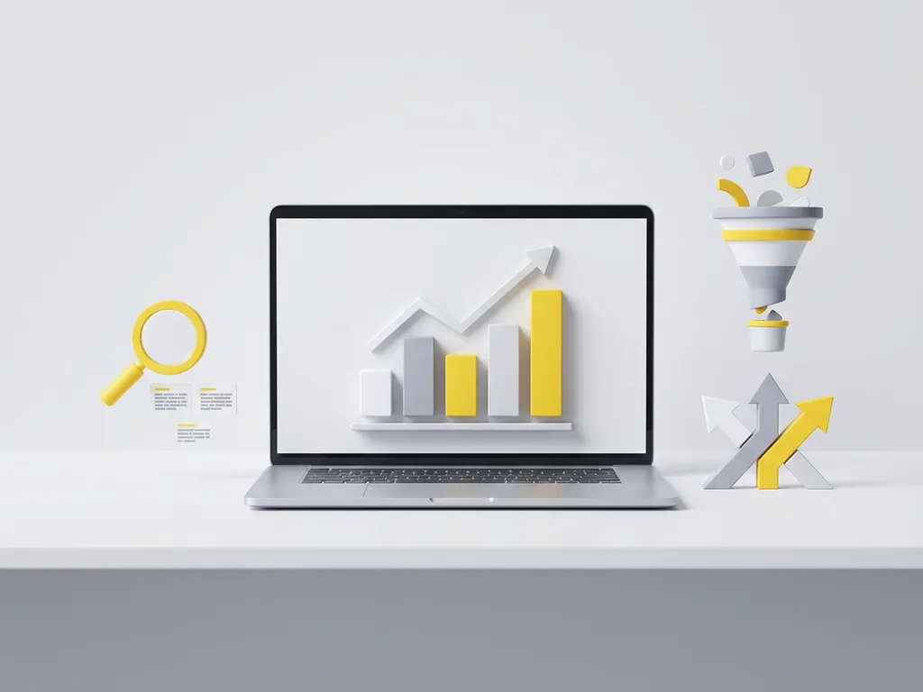 conversion-rate-optimization-analytics-dashboard.jpg Laptop displaying rising bar chart surrounded by yellow magnifying glass, content funnel, and upward conversion arrows on white surface