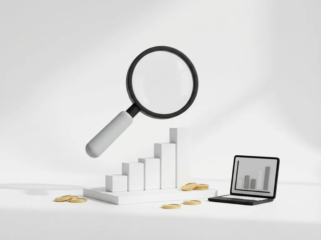 financial-analysis-magnifying-glass-chart-growth.jpg Magnifying glass examining upward-trending white block chart with golden coins and laptop displaying bar graph on clean white surface