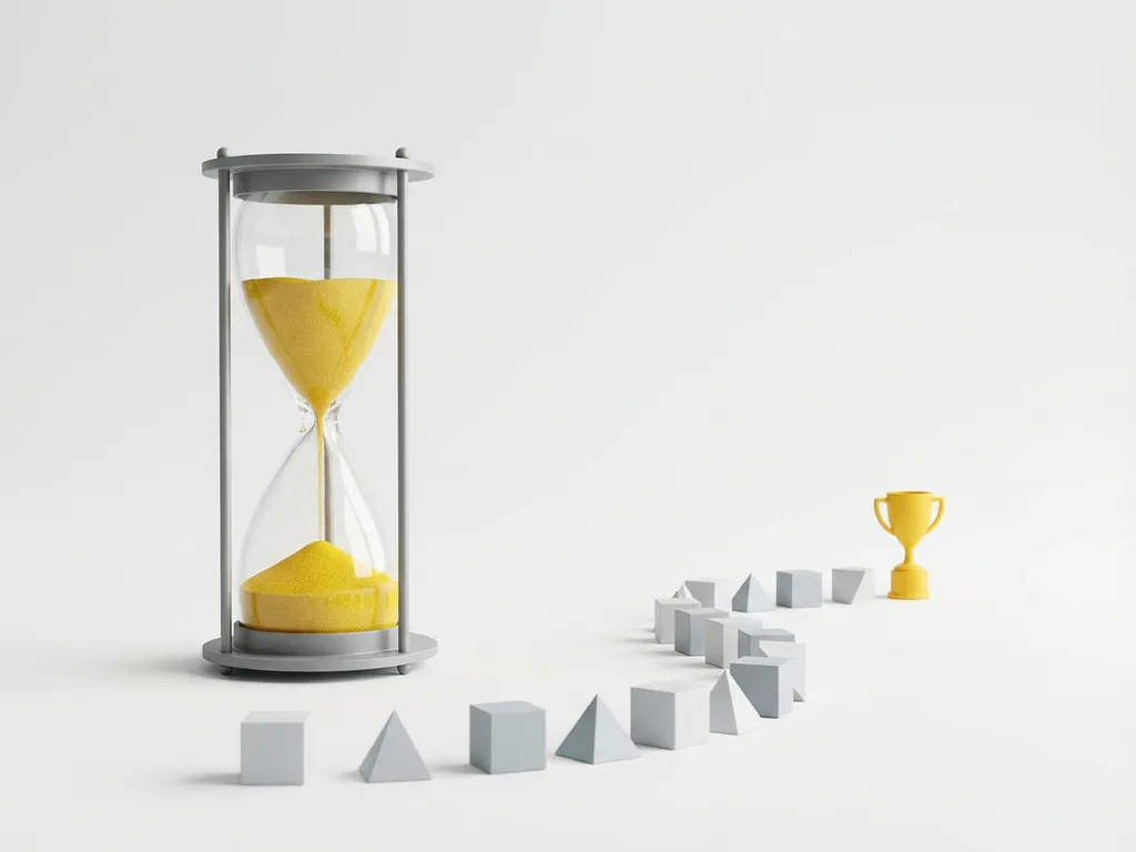 Sleek hourglass with bright yellow sand flowing downward surrounded by geometric milestone blocks leading to miniature trophy