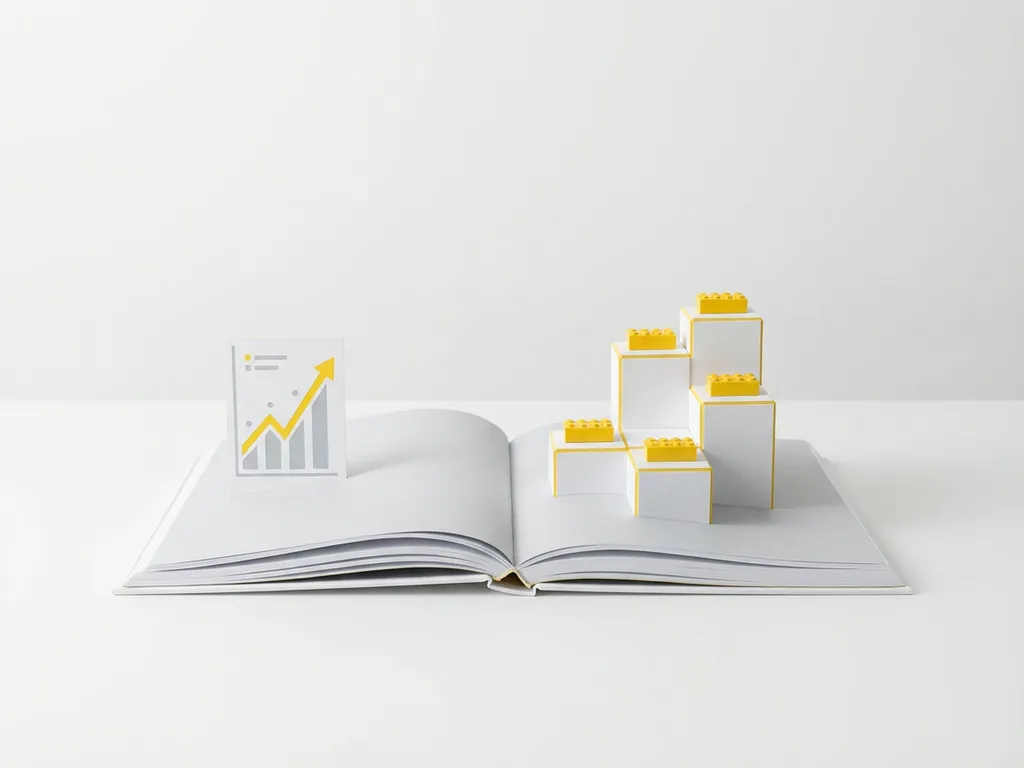 knowledge-building-blocks-growth-steps.jpg Open book with pages forming geometric steps holding yellow building blocks, next to upward trending chart on white surface