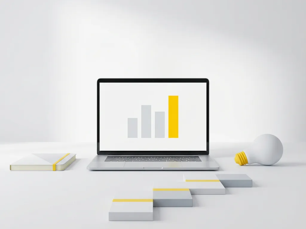 skill-development-knowledge-transfer-workspace.jpg Laptop displaying bar chart on white desk with geometric notebook, lightbulb shape, and rectangular blocks with yellow accents