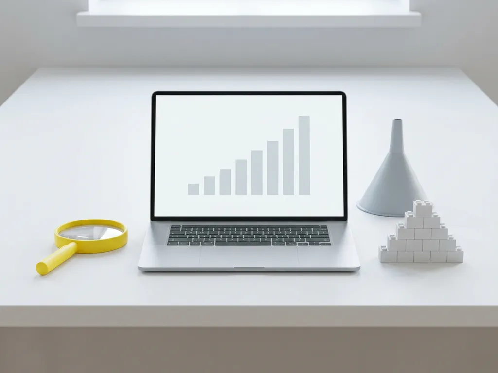 Laptop displaying ascending bar charts on white desk with yellow magnifying glass, white building blocks, and funnel shape