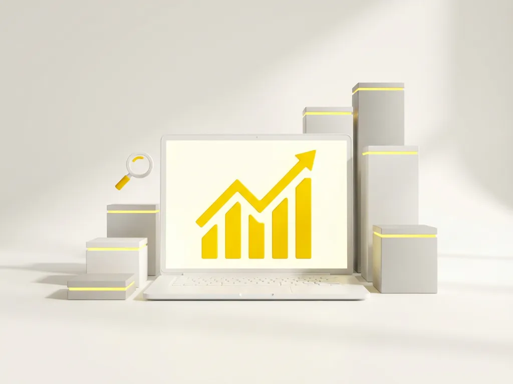 laptop-analytics-growth-charts-seo.jpg White laptop displaying upward bar charts surrounded by floating geometric blocks ascending like steps with magnifying glass icon