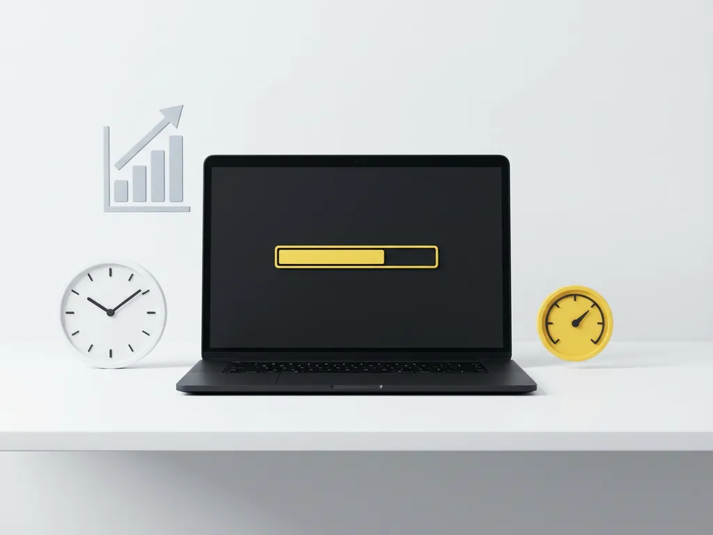 Laptop with yellow loading bar on black screen surrounded by clock, upward trending chart, and speed gauge on white surface