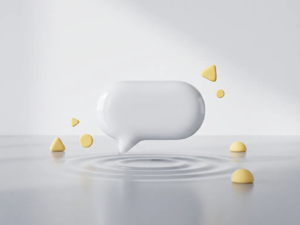 peaceful-communication-dialogue-bubble-conversation.jpg White conversation bubble floating above grey rippled surface with scattered yellow geometric shapes in clean studio lighting