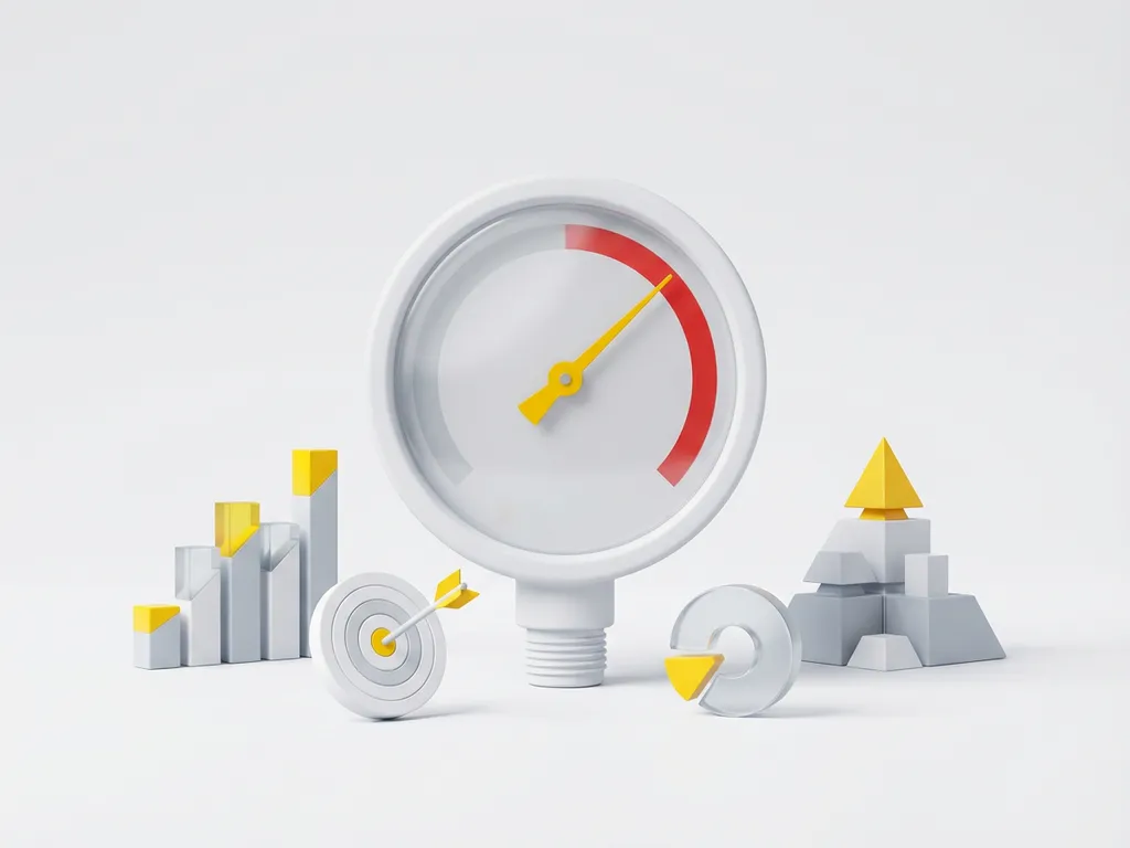 Pressure gauge needle in red zone surrounded by 3D bar chart, target with bullseye arrow, and stacked geometric blocks on white surface