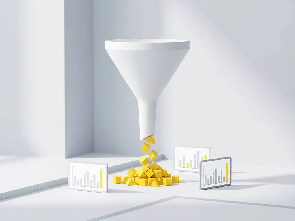 sales-funnel-conversion-analytics-dashboard.jpg White plastic funnel with yellow geometric blocks flowing through opening, surrounded by screens displaying bar charts on clean studio surface