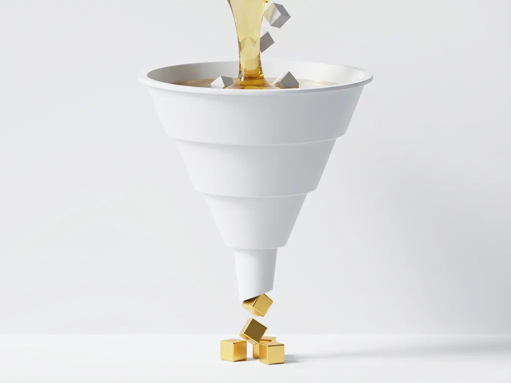 sales-funnel-conversion-optimization-strategy.jpg White three-tiered sales funnel with golden liquid flowing through sections, geometric blocks entering top and refined cubes exiting bottom
