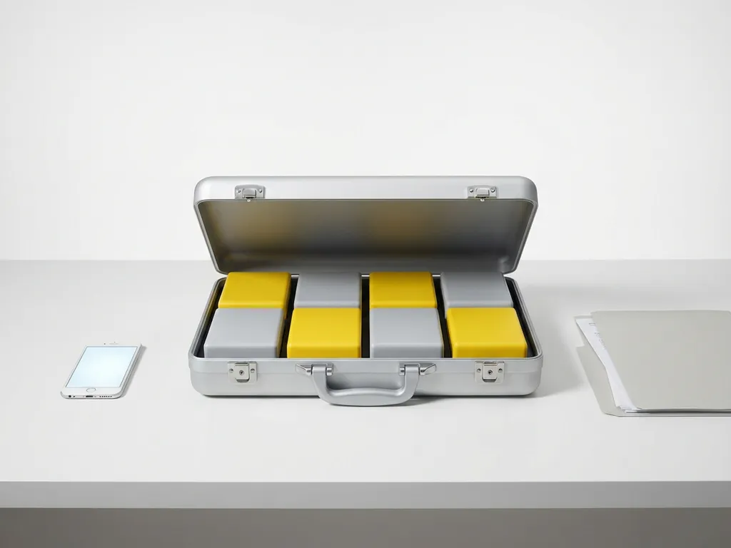 briefcase-geometric-blocks-minimalist-desk.jpg Silver briefcase open on white desk revealing eight geometric blocks in rows, with smartphone and contract folder nearby