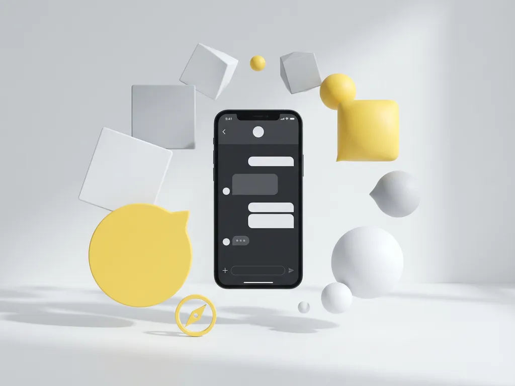 smartphone-conversation-interface-bubbles-compass.jpg Smartphone with conversation interface surrounded by floating geometric chat bubbles and compass icon in minimalist white studio setting