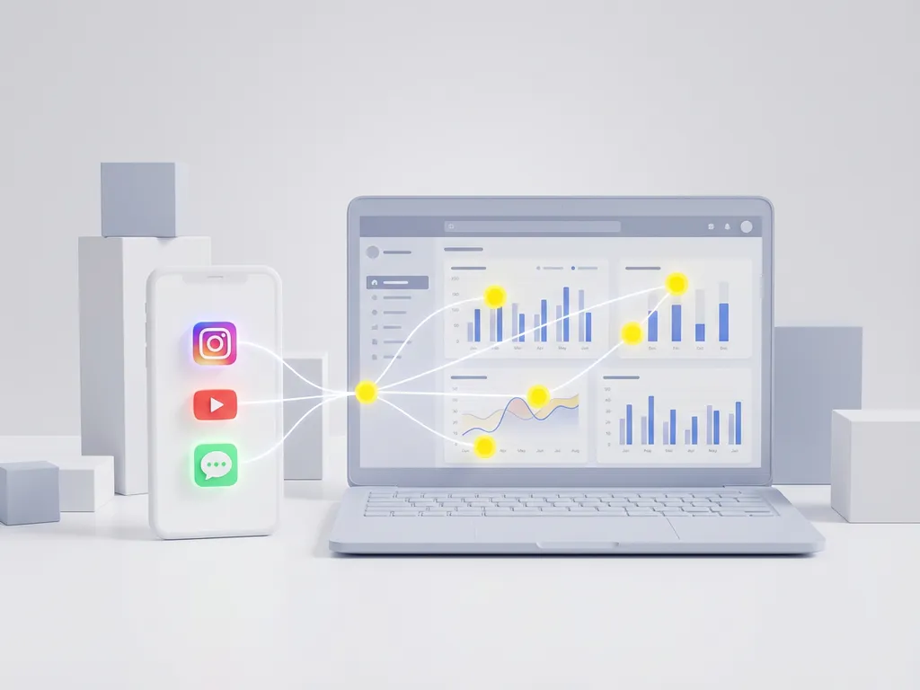 social-media-analytics-smartphone-laptop-connection.jpg Smartphone with social media icons connected by white lines to laptop displaying analytics charts on white surface with geometric blocks