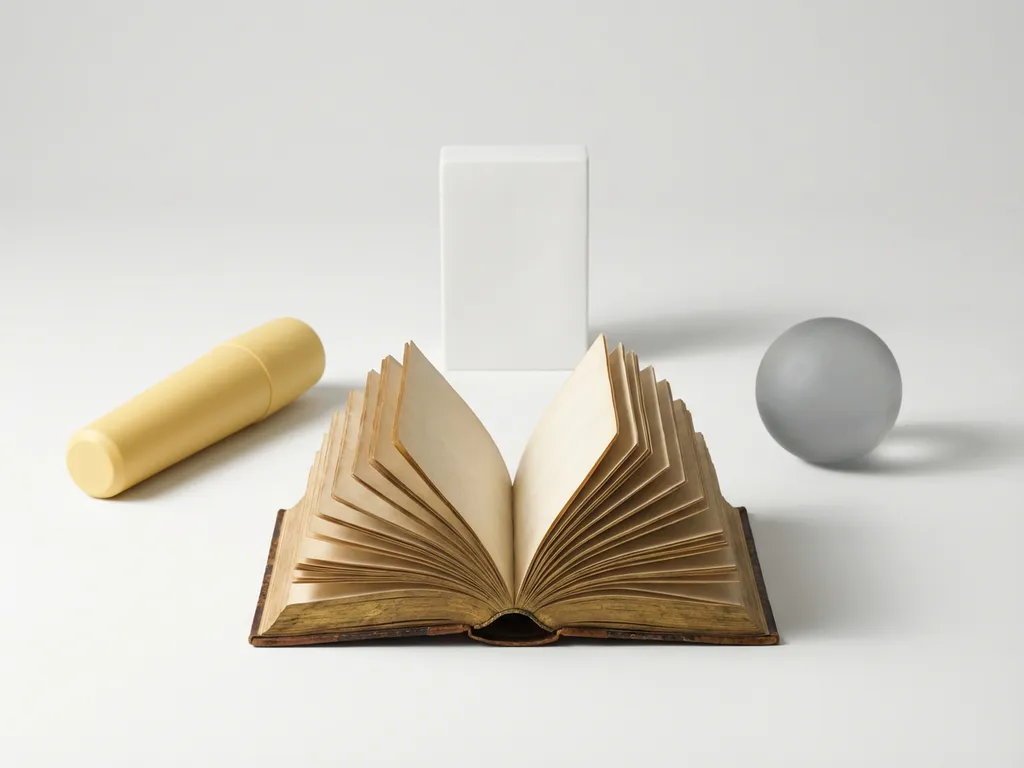 Vintage leather book with golden pages open on white surface surrounded by yellow cylinder, white rectangular block, and grey sphere in symmetric arrangement
